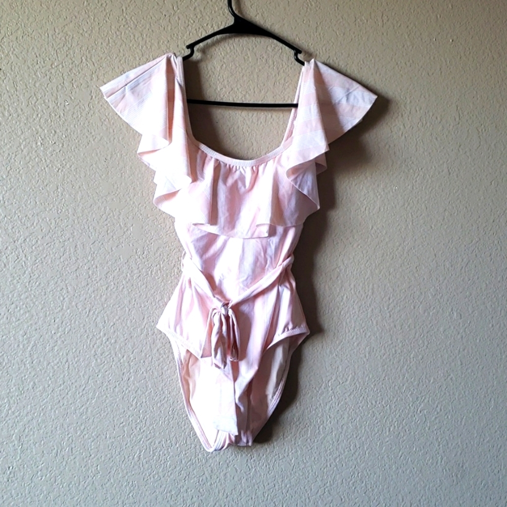 NWT Splendid Size Small/Medium one piece bathing suit light pink white stripes